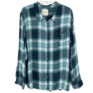 Lucky Brand Cozy Grunge Plaid Flannel Shirt Slouchy Layering Green Blue XXL